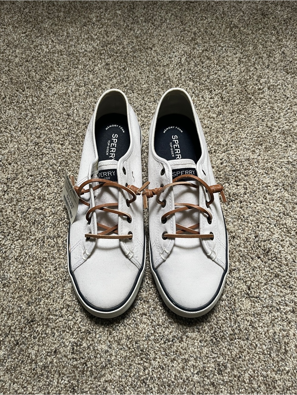 Sperry White Canvas Women's Boat Shoes with Brown Laces